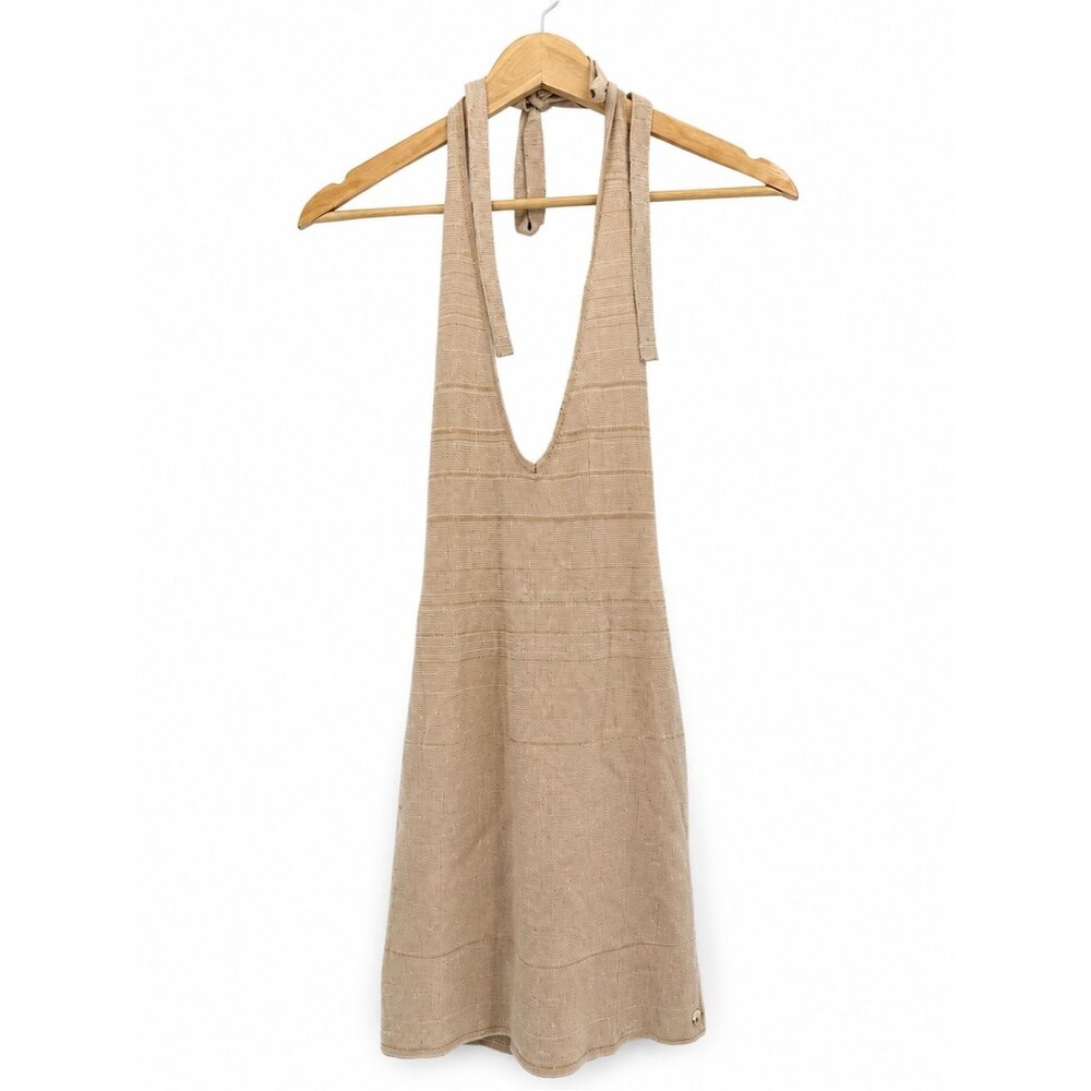 Salty Beige Knit Plunge Halter Mini Dress Size Medium Beach Coastal Tie